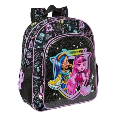 Bild av Safta MONSTER HIGH Skolryggsäck för barn, barnryggsäck, anpassningsbar till vagn, perfekt skolbarn, bekväm och mångsidig, kvalitet styrka, 32 x 12 38 cm, svart färg, svart, Estándar,