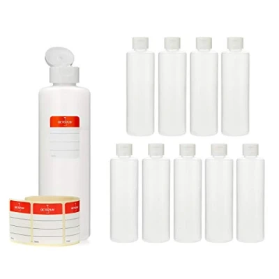 Bild av Octopus 10x 250 ml plastflaskor, HDPE plastflaskor med vitt knäpplås, tomflaskor gångjärn lås, runda flaskor inklusive märkningsetiketter