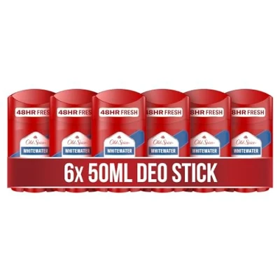Bild av Gamla Spice Whitewater Deodorant Stick för män, 6 x 50 ml, 48 H färsk, långvarig doft i parfymkvalitet, 0% aluminiumsalter, inga fläckar på svart och vit, tillverkad av 50% återvunnen plast