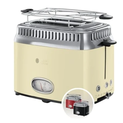 Bild av Russell Hobbs brödrost, 2 skivor, nedräkningsindikator i retrodesign, uppvärmningsgaller, justerbar rostningsgrad, upptiningsfunktion, cremefärgad, 1300W, Retro Vintage Cream 21682 56