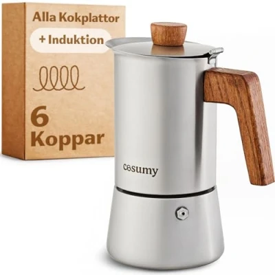 Bild av Cosumy Espressomaskin av rostfritt stål och hållbart ekfat för 6 koppar Lämplig induktion Med extra silikonförsegling 300ml