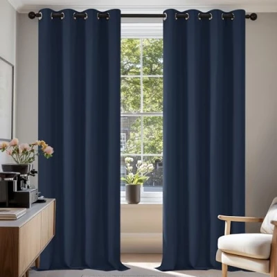 Bild av Deconovo Mörkläggningsgardiner med öljetter, ogenomskinlig ögongardin, ogenomskinlig, 240x135cm (höjd x bredd), mörkblå, uppsättning 2