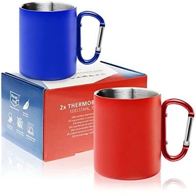 Bild av Robin Goods® 2x rostfritt stål termomugg med karbinhandtag 350 ml per kaffekopp krossskyddande termo dricksmugg dubbelväggig isolerande mugg (2 stycken blå/röd snäpphandtag)