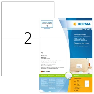 Bild av HERMA 8691 universella etiketter A4 (148 x 105 mm, 400 ark, papper, matt) självhäftande, utskrivbara, permanenta adressetiketter, 800 fraktetiketter, vit