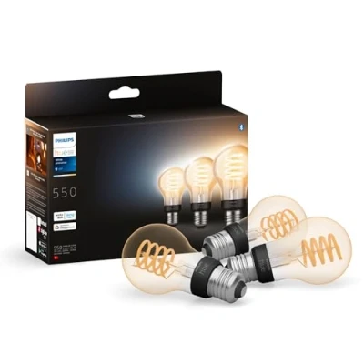 Bild av Philips Hue White Ambiance filament ljuskälla E27, A60, 7W, 550 lumen, Zigbee &amp; BT, 2200 4500 Kelvin, livslängd 15000 timmar, röststyrning via Amazon Alexa, Google Assistant och Siri. 3 pack.