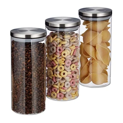 Bild av Relaxdays 10027999 glas set med 3, 1,3 l, lufttäta, lock i rostfritt stål, för kaffe, te, socker, köksburkar, transparent, silikon
