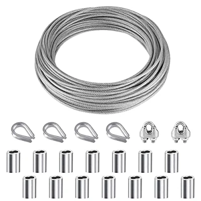 Bild av 21 st vajerrep kit 10 m rostfritt stål PVC belagd ståltråd kabelrep med aluminiumkrimphylsa, klotter, trådklämmor, för trädgårdssladd, räckesdekoration, utomhus ljusslinga lampa upphängning