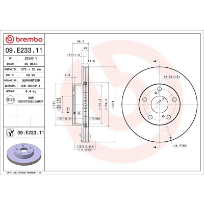 Bild av BREMBO 09.E233.11 Disque de frein 275 25 5 ventilé l&#039;intérieur revêtu