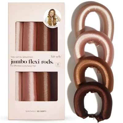 Bild av Kitsch Satin locktång, värmelös locktång Jumbo Flexi stång, hårlocktång att sova i ingen värme över natten lockar för alla hårtyper och struktur 4 st rosenträ