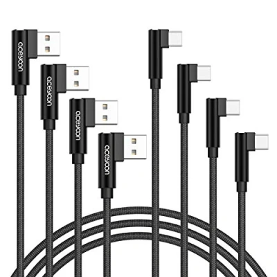 Bild av aceyoon Set om 4 USB C kabel vinklad 90 grader 2 m + 1 0,5 0,3 till typ laddningskabel snabbladdning kompatibel med Samsung Galaxy S22 S21 S20 S10 S9 A53 etc (svart)