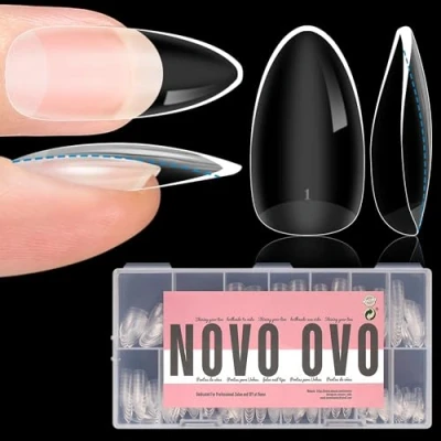 Bild av NOVO OVO 3 x extra tjocka almond nagelspetsar att trycka, mjuka gelnagelförlängning, transparent, medellång, fullständig täckning, halvmatta konstgjorda naglar 14 storlekar, 336 stycken