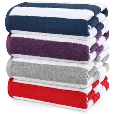 Bild av Utopia Towels Cabana Stripe Strandhanddukar, (Röd, marinblått, grått och plommon), (76 x 152 CM) 100% ringspunnen bomull, stora poolhanddukar, mjuka snabbtorkande badhanddukar (4 st.)