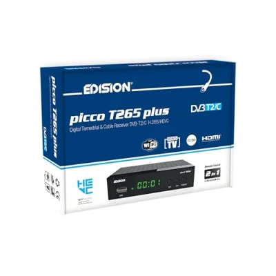 Bild av EDISION PICCO T265 plus mark och kabelmottagare DVB T2/C H.265 HEVC FTA, STB, Full HD PVR, USB, HDMI, SCART, S/PDIF, IR, USB WiFi stöd, universell 2 i 1 fjärrkontroll