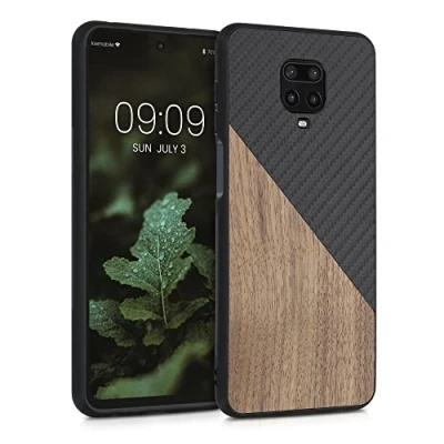 Bild av kwmobile Fodral kompatibelt med Xiaomi Redmi Note 9S/9 Pro / 9 Max hårt telefonskydd TPU stötfångare och trä/kolbaksida mörkbrun