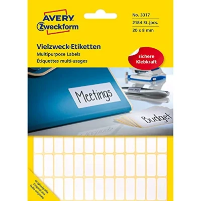 Bild av Avery Zweckform 3317 hushållsetiketter självhäftande (20 x 8 mm, 2,184 klistermärken på 28 ark, multifunktionsetiketter för hushåll, skola och kontor märkning markering) blank, vit