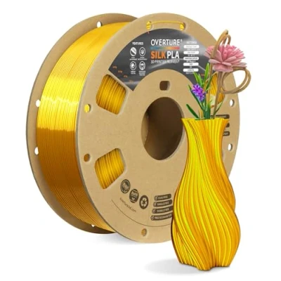 Bild av OVERTURE Silk Filament PLA 1,75mm Clog Free Shiny 3D skrivarfilament, 1 kg spole (2,2 lbs), dimensionsnoggrannhet +/ 0,02 mm, passar de flesta FDM skrivare(Sidenguld)