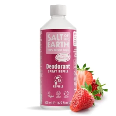 Bild av Natural Deodorant Spray Refill från Salt of the Earth, Sweet Strawberry Vegansk, Långvarigt Skydd, Godkänd av Leaping Bunny, Tillverkad i Storbritannien 500 ml
