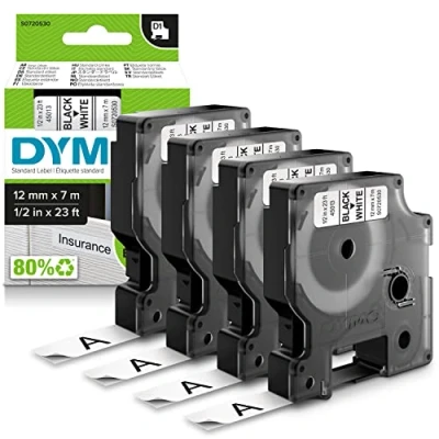 Bild av DYMO D1 originaletiketter Svart utskrift på vitt 12 mm x 7 m Självhäftande etiketter för LabelManager etikettskrivare 4 st.