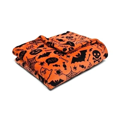 Bild av Bedlam halloween fleecefilt (120 x 150 cm) supermjuk och mysig fleece i orange läskiga fladdermöss skallar överkastfilt filtar överkast (mysig)