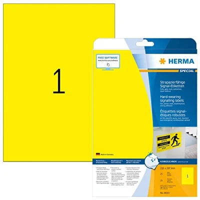 Bild av HERMA 8033 väderbeständiga folieetiketter A4 (210 x 297 mm, 25 ark, polyesterfolie, matt) självhäftande, utskrivbara, extremt stark häftande utomhus signaletiketter, klistermärken, gul