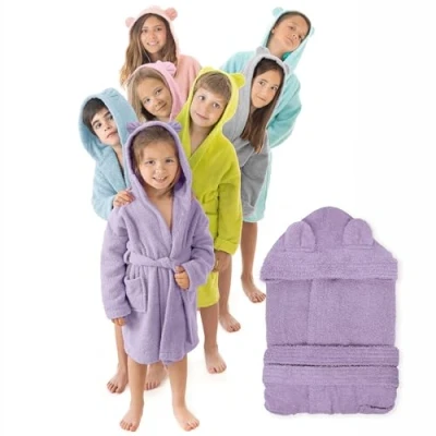 Bild av LEBENGOOD Unisex pojkar flickor, barn badrock med öron 100 % bomull OEKO TEX® 2 fickor, bälte, huva, badrockar och pojke flicka, tonåring, Mauve, 5 6 år