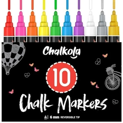 Bild av Liquid Chalk Pens (10 Pack) with Gold &amp; Silver Bold Dry Erase Marker for Blackboard, Windows, Chalkboard Signs, Bistro 6mm Reversible Tip 50 Labels Included