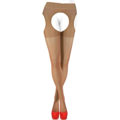 Bild av sesto senso hängslen tights med öppen gren 15 denier spets strumpeband bältesstrumpor, mörk BEIgE, L, L