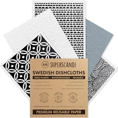 Bild av SUPERSCANDI svenska disktrasor, miljövänliga, återanvändbara, hållbara, biologiskt nedbrytbara cellulosasvampdukar för köket, tvättdukar, ersättning hushållspapper (5 pack Scandi tryck)
