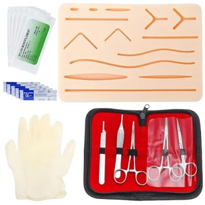 Bild av kirurgiskt sömset: Suture Practice kit, sårsöm övningssats, sykudde i silikon med verktygssats, sårsövningsset, sömövningsset (endast för utbildningsändamål)