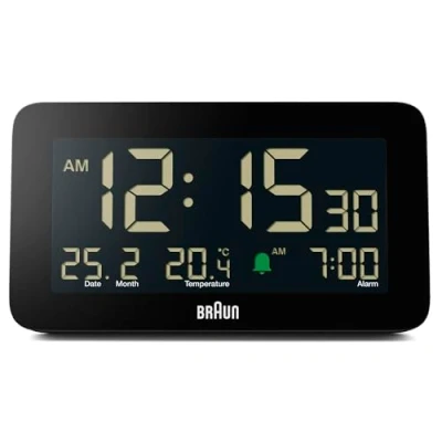 Bild av Braun Digital Alarm Clock with Date, Month and Temperature Displayed, Negative LCD Display, Quick Set, Crescendo Beep in Black, model BC10B.