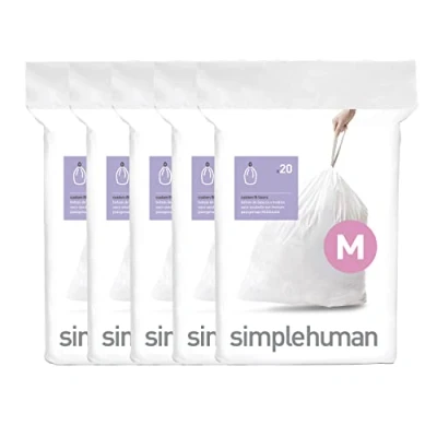 Bild av simplehuman Code M anpassad passform dragsko soppåsar i dispenserpaket, 100 Count, 45 liter/11,9 gallon, vit