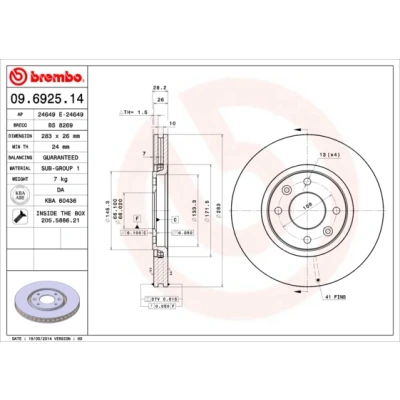 Bild av BREMBO 09.6925.14 Disque de frein 283 26 4 ventilé l&#039;intérieur avec vis/boulons CITROËN: Xantia 3/5 portes, Break