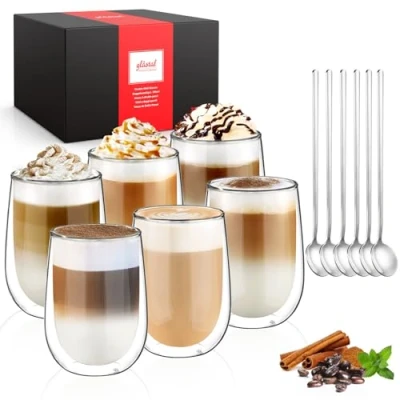 Bild av glastal 6 x 350 ml dubbelväggiga kaffemuggar cappuccino latte macchiato glasögon koppar för kaffe te mjölk juice glass borosilikat värmebeständiga glaskoppar