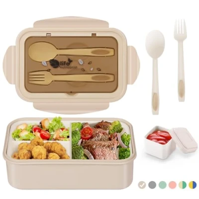 Bild av Luzoon lunchlåda, bentolåda, vuxna, 1 400 ml med 3 fack för barn inkl. Bestick mellanmålslåda mikrovågsugnar och diskmaskiner, skola, arbete, picknick, resor kaki + såslåda