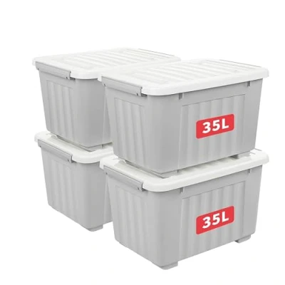 Bild av Cetomo 35 L x 4 förvaringslådor med hjul, plastförvaringslåda lock, spärrspännen, klickstängning, stapelbar, kapsling, hållbar organisatör för hemmakontorskläder, grå, pack