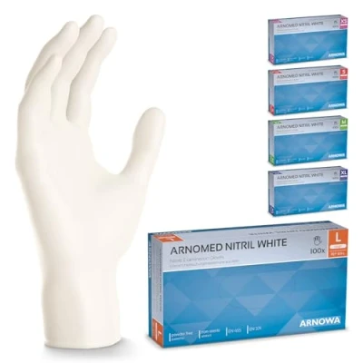 Bild av ARNOMED engångshandskar vit, nitrilhandskar L, 100 st/låda, puderfria &amp; latexfria, engångshandskar, handskar finns i storlekarna XS, S, M, L XL.