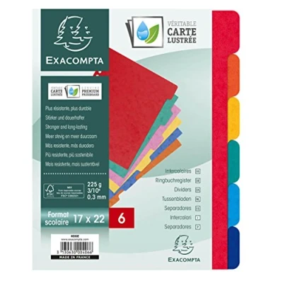 Bild av Exacompta Ref 406E Avdelare i äkta 225g/m2 FSC® mjuk glansig kartong med 6 neutralt färgade flikar Skolmappsformat 220 x 170 mm assorterade färger