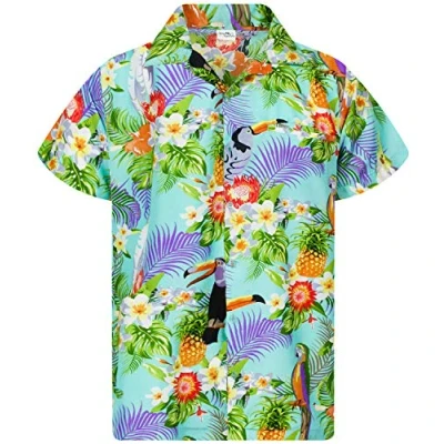 Bild av King Kameha Funky Hawaii skjorta för män, kortärmad, frontficka, tryck, papegoja, kakadua ananas, Papagei Kakadu ljusblå, 3XL