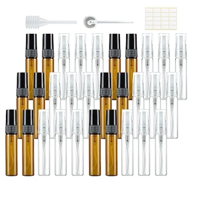 Bild av 30 stycken 5 ml parfymsprejflaska tom sprayflaska glas liten för fyllning, minipumppåsar parfymflaska påfyllningsbar parfymprover resor transparent bärnsten med pipetter presshuvud