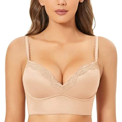 Bild av DOBREVA Push Up Bh För Kvinnor Trådlös Vadderad Utan Bygel Braletter Spets Plunge Beige 85B