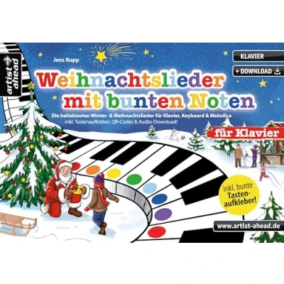 Bild av Weihnachtslieder mit bunten Noten für Klavier: Die beliebtesten Winter &amp; Klavier, Keyboard Melodica (inkl. Tastenaufkleber, QR Codes Audio Download). Klaviernoten. Anfänger