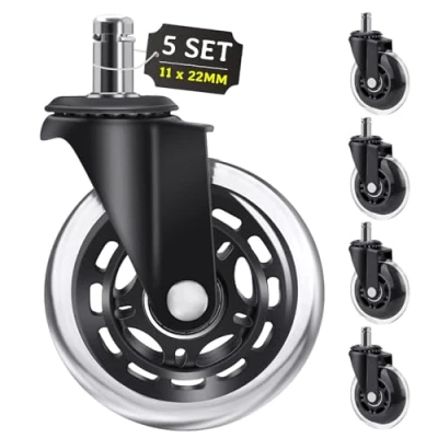 Bild av Luzoon hjul för kontorsstolar, set om 5, 11 mm x 22 mm, kontorsstol, hjul, gummihjul, hårda golv, stolhjul, 360 graders vridning, utan repor, lastkapacitet upp till 250 kg