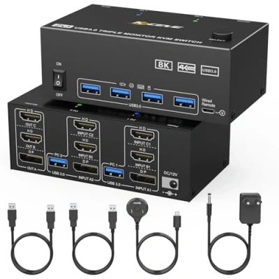 Bild av KVM omkopplare 2 PC 3 bildskärmar, KCEVE HDMI 1 DisplayPort USB 3.0 omkopplare, 8K@30Hz/4k@144Hz trippel monitor för datorer, skärmar och 4 enheter