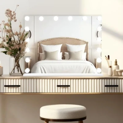 Bild av Upplyst spegel Hollywood 16 LED Vanity Sminkbord Vägg Pekskärm Dimbar 3 Färglägen Bluetooth Högtalare 2 Laddningsportar USB A &amp; C Mikrofiber Rengöringsduk 10x Förstoringsspegel