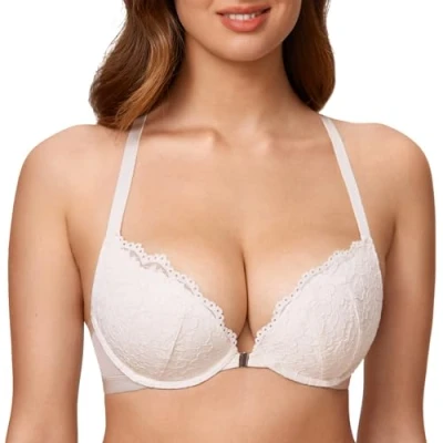 Bild av DOBREVA Kvinnors främre stängning BH med bygel Push Up Lace Halter Racerback djup urringning vadderad Vit kokosnöt 80A