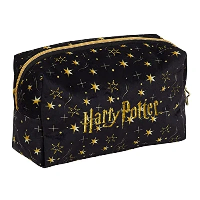 Bild av Harry Potter Sminkväska för kvinnor och flickor, pennfodral, dubbelsidig, svart, smink toalettväska, resetillbehör, Dödsrelikerna present, Svart/guld, En storlek