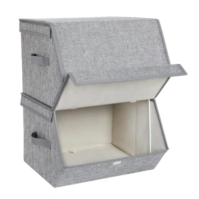 Bild av Songmics förvaringslåda, set om 2, vikbox, stapelbar tyglåda, med magnetiskt gångjärnslock, metallram, 38 x 26,5/35 25, grå beige RLB02GY