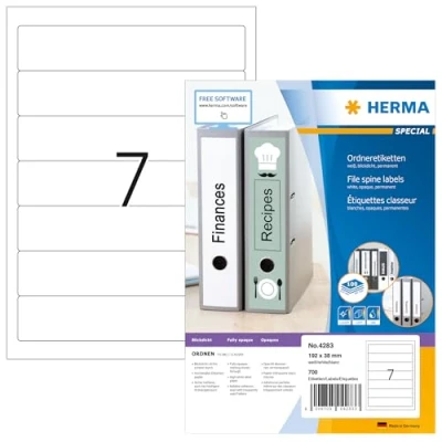 Bild av HERMA 4283 mappetiketter A4 ogenomskinlig, kort/smal (192 x 38 mm, 100 ark, papper, matt) självhäftande, utskrivbara, permanenta mappa ryggetiketter, 700 filetiketter, vit