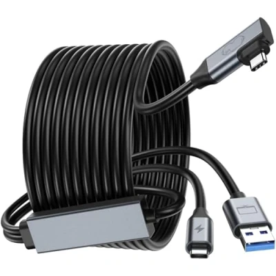 Bild av GlasFlength Länkkabel med laddningsfunktion, 5 m USB C kabel 3.0 adapter Gbit/s dataöverföring laddning medan du spelar kompatibel Quest 1/2/3, Pro, Pico 4, VR headset, Steam