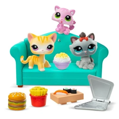 Bild av BANDAI Littlest Pet Shop BF00636 rolig middag, 3 husdjur, 7 tillbehör, 1 samlarkort, virtuell kod, generation husdjur 166, 167, 168, LPS figurer, från 4 år